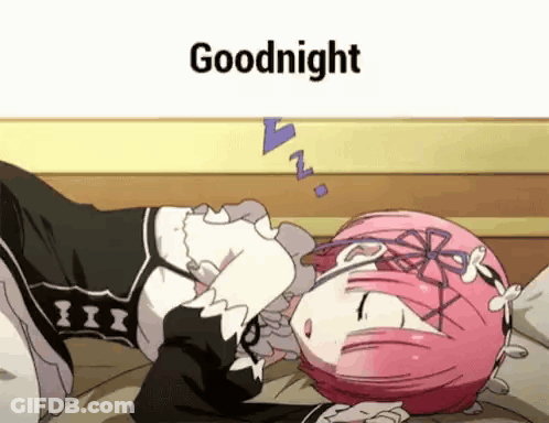 A Girl With Pink Hair Is Sleeping On A Bed And The Words `` Goodnight '' Are Above Her . GIF