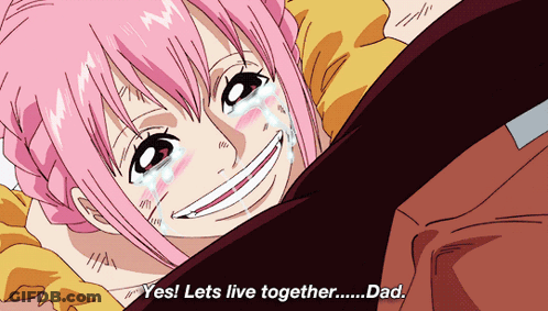 A Girl With Pink Hair Is Smiling And Crying With The Words " Yes Lets Live Together Dad " GIF