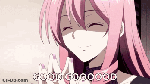 A Girl With Pink Hair Is Smiling And Says Good Goooood GIF
