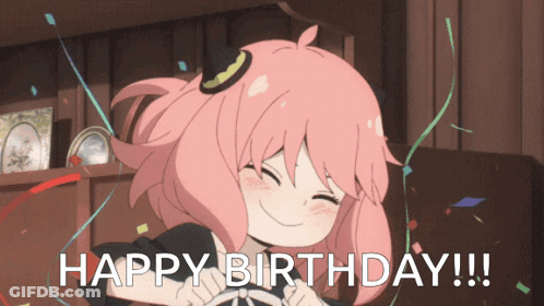 A Girl With Pink Hair Is Smiling And Says " Happy Birthday " GIF