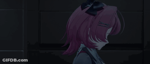 A Girl With Pink Hair Is Standing In A Dark Room With A Window . GIF