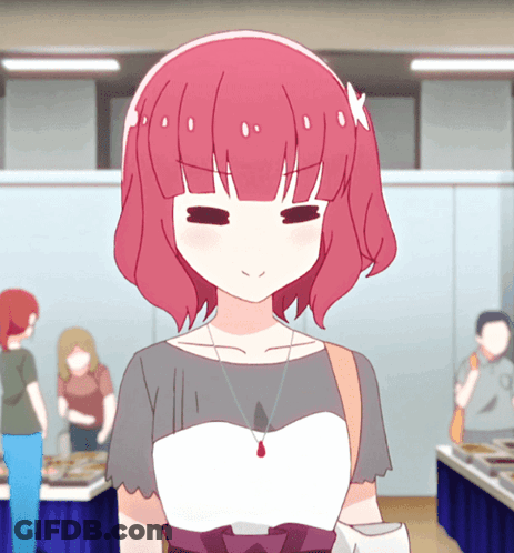 A Girl With Pink Hair Is Standing In A Room With People GIF