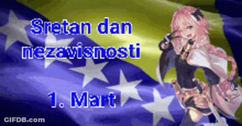 A Girl With Pink Hair Is Standing In Front Of A Flag That Says Sretan Dan Nezavisnosti 1. Mart GIF