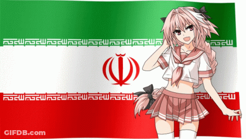 A Girl With Pink Hair Is Standing In Front Of A Flag With Arabic Writing On It GIF