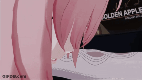 A Girl With Pink Hair Is Standing In Front Of A Golden Apple Sign GIF