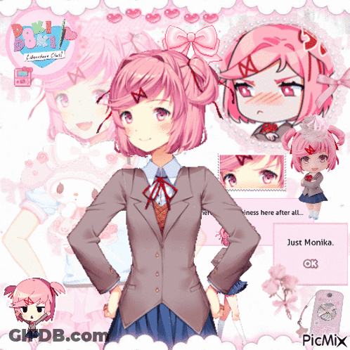 A Girl With Pink Hair Is Standing In Front Of A Screen That Says Just Monika GIF