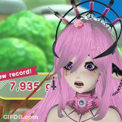 A Girl With Pink Hair Is Standing In Front Of A Sign That Says ' New Record ' GIF