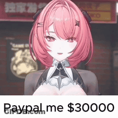 A Girl With Pink Hair Is Standing In Front Of A Sign That Says Paypal Me $ 30,000 GIF