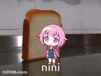 A Girl With Pink Hair Is Standing Next To A Loaf Of Bread With The Word Nini On It GIF