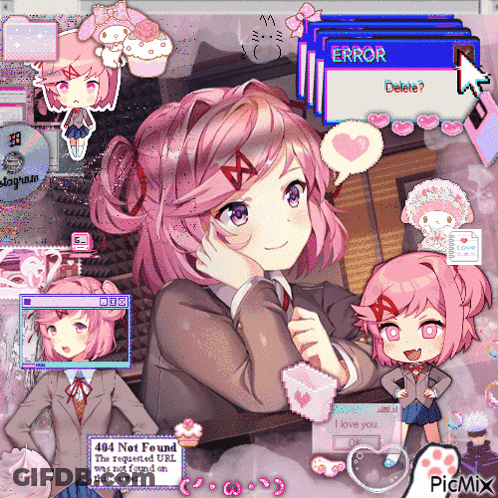 A Girl With Pink Hair Is Surrounded By A Bunch Of Icons Including One That Says Error Delete GIF