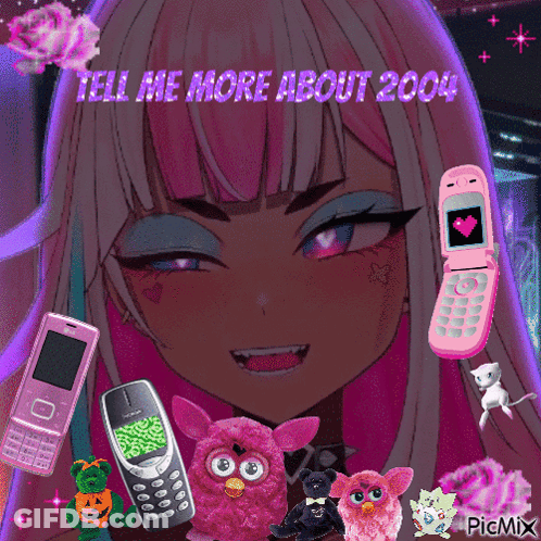 Girl With Pink Hair Surrounded By Stuffed Animals And Phones GIF