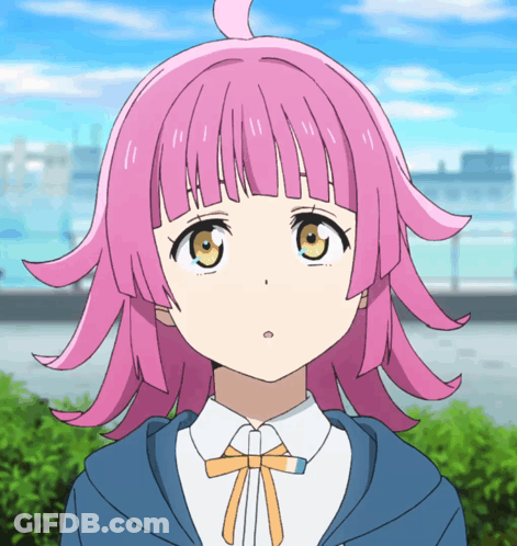 A Girl With Pink Hair Is Wearing A Blue Jacket And White Shirt GIF