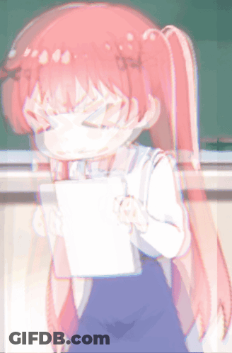 A Girl With Pink Hair Is Wearing A Mask While Holding A Piece Of Paper GIF