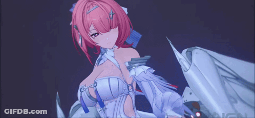 A Girl With Pink Hair Is Wearing A White Dress And A Purple Background GIF