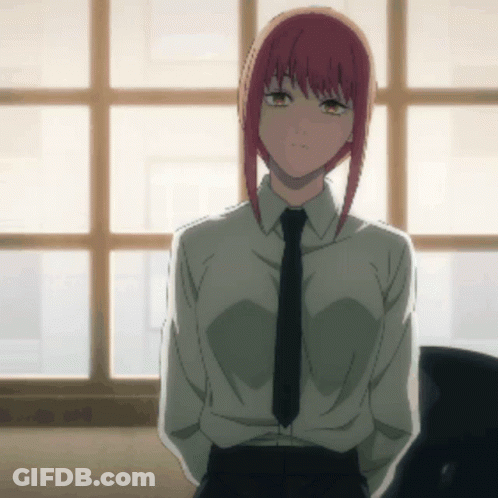 A Girl With Pink Hair Is Wearing A White Shirt And Black Tie GIF