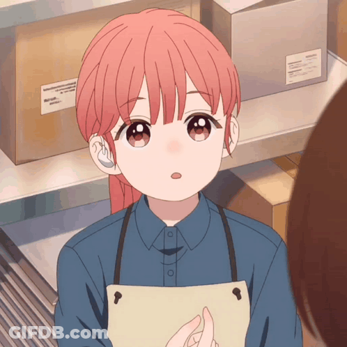 A Girl With Pink Hair Is Wearing An Apron And A Blue Shirt GIF