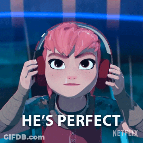 A Girl With Pink Hair Is Wearing Headphones And Says He 'S Perfect On The Bottom GIF