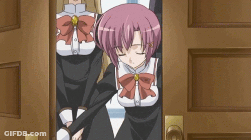 A Girl With Pink Hair Stands In A Doorway With Her Eyes Closed GIF