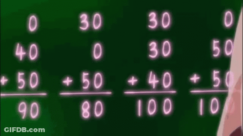 A Girl With Pink Hair Stands In Front Of A Blackboard With Numbers On It GIF