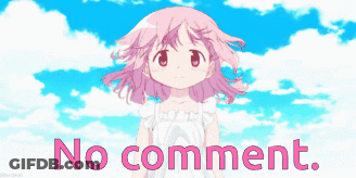 A Girl With Pink Hair Stands In Front Of A Blue Sky With The Words No Comment Below Her GIF