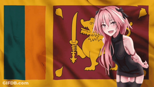 A Girl With Pink Hair Stands In Front Of A Flag GIF