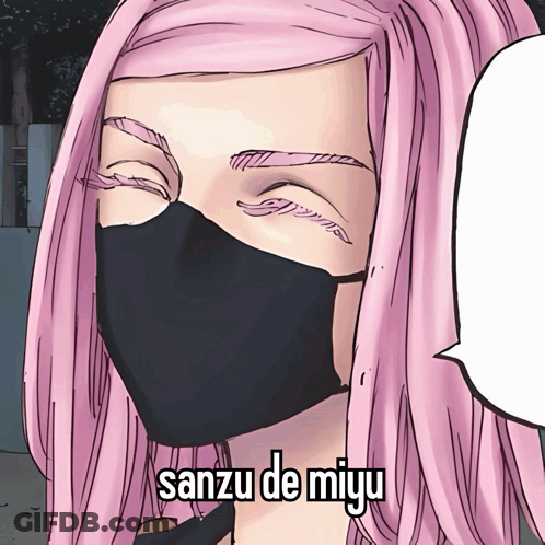 A Girl With Pink Hair Wearing A Black Mask With The Words Sanzu De Miyu Written On It GIF