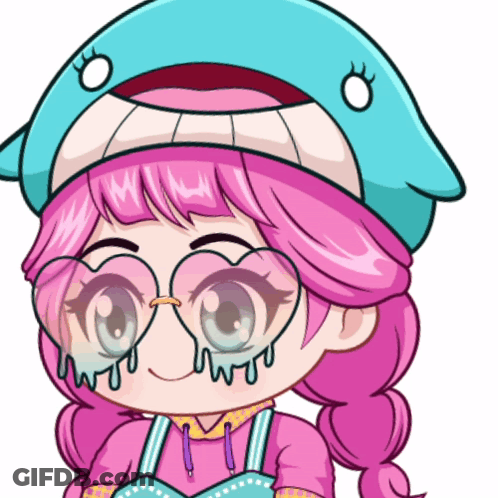 A Girl With Pink Hair Wearing A Dolphin Hat And Glasses GIF