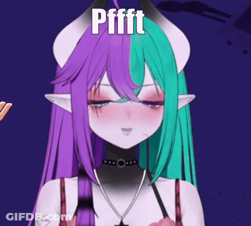 A Girl With Purple And Green Hair And Horns Has The Word Pfft On Her Head GIF