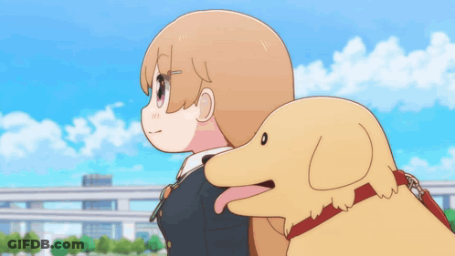 A Girl With Purple Eyes Is Holding A Yellow Dog GIF