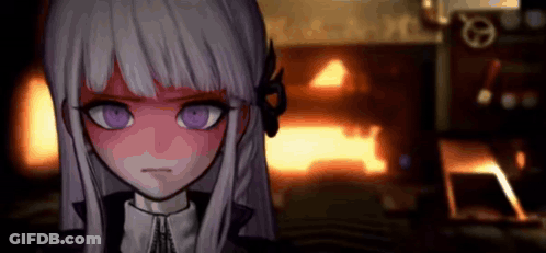 A Girl With Purple Eyes Is Standing In Front Of A Fireplace . GIF