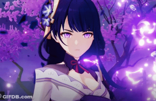 A Girl With Purple Eyes Is Standing In Front Of A Tree With Purple Flowers GIF