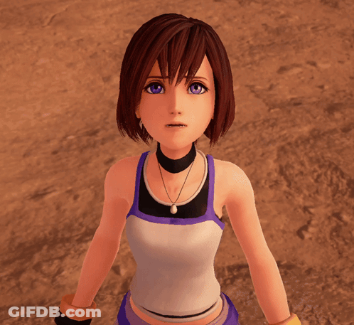 A Girl With Purple Eyes Is Wearing A Tank Top And A Necklace GIF