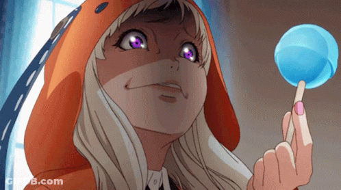 A Girl With Purple Eyes Is Wearing An Orange Hood And Holding A Blue Lollipop GIF