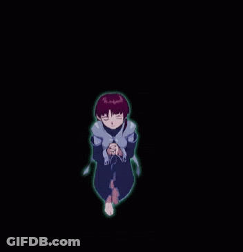 A Girl With Purple Hair And A Blue Coat Is Standing In A Dark Room . GIF