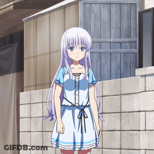 A Girl With Purple Hair And A Blue Dress Is Standing In Front Of A Brick Wall GIF