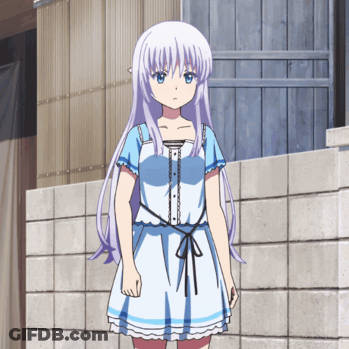A Girl With Purple Hair And A Blue Dress Stands In Front Of A Brick Wall GIF