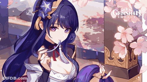 A Girl With Purple Hair And A Flower In Her Hair Is Standing In Front Of A Genshin Impact Sign GIF
