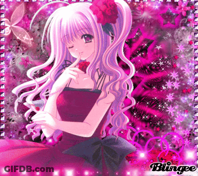 A Girl With Purple Hair And A Flower In Her Hair Is Surrounded By Pink Flowers And Stars GIF