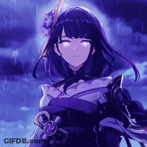 A Girl With Purple Hair And A Flower In Her Hair Stands In The Rain GIF