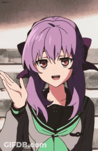 A Girl With Purple Hair And A Green Tie Is Waving Her Hand GIF