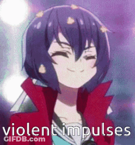 A Girl With Purple Hair And A Red Jacket Is Smiling And The Words Violent Impulses Are Written Below Her . GIF