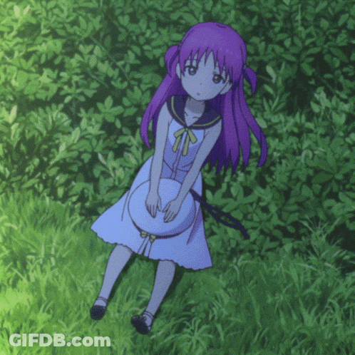 A Girl With Purple Hair And A White Dress Is Laying In The Grass GIF