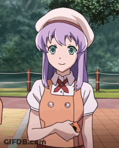 A Girl With Purple Hair And A White Hat GIF
