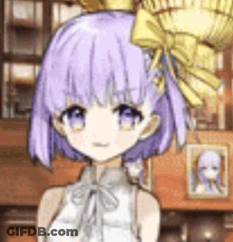 A Girl With Purple Hair And A Yellow Bow In Her Hair Is Standing In Front Of A Picture . GIF