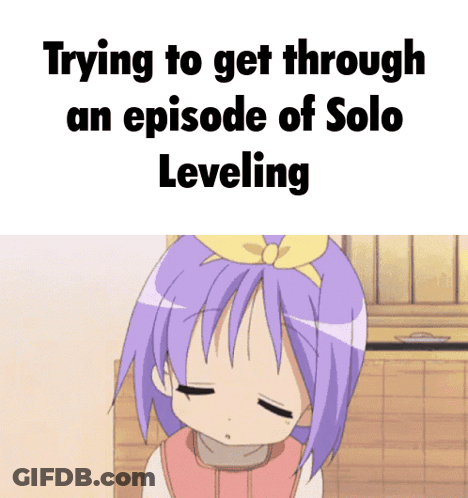 A Girl With Purple Hair And A Yellow Bow On Her Head Says Trying To Get Through An Episode Of Solo Leveling GIF