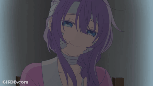 A Girl With Purple Hair And Bandages On Her Head Is Smiling GIF
