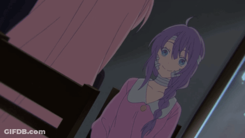 A Girl With Purple Hair And Bandages On Her Neck GIF