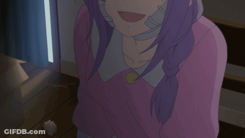 A Girl With Purple Hair And Blue Eyes Has A Bandage Around Her Neck GIF
