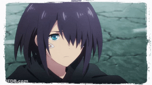 A Girl With Purple Hair And Blue Eyes Has A Bandage On Her Eye GIF