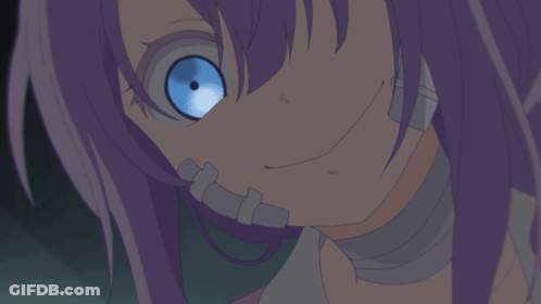A Girl With Purple Hair And Blue Eyes Has A Bandaged Face GIF